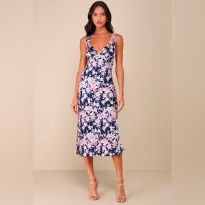 Lulus Admirable Charmer Navy Blue Floral Satin Tie-Back Midi Dress Medium NWT